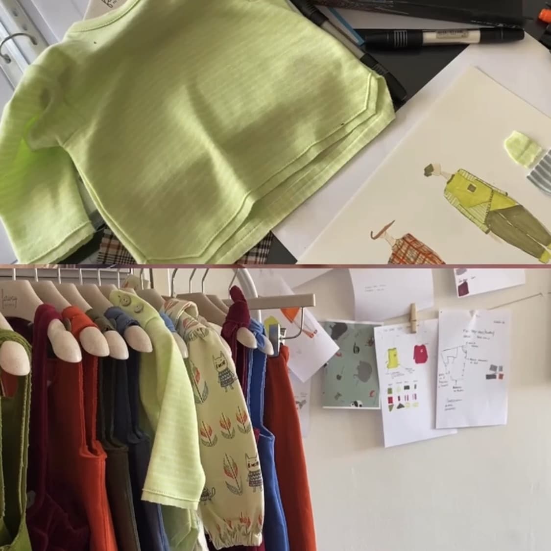 I capi finiti della collezione accanto agli schizzi